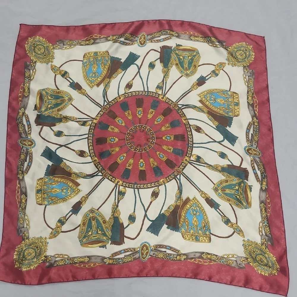 Elegant Red and Cream Satin Scarf Equestrian Style Tassels Shield Square 34